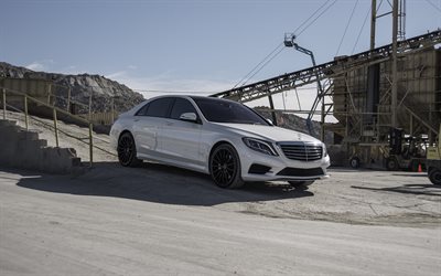 Mercedes S500, 2017, W222, white luxury sedan, tuning W222, black wheels, business class, Mercedes