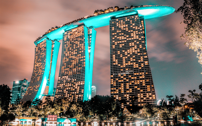 Marina Bay Sands, el 4k, la noche, HDR, hotel, Marina Bay, Singapur