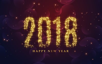 4k, Happy New Year 2018, golden glare, Christmas 2018, golden letters, New Year 2018, art, brown background, xmas, Christmas