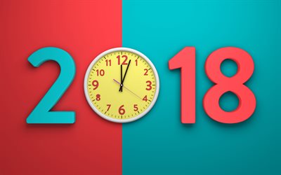 2018, Mutlu Yeni Yıl, 2018 kavramları, saat, gece yarısı, soyutlama, 4k