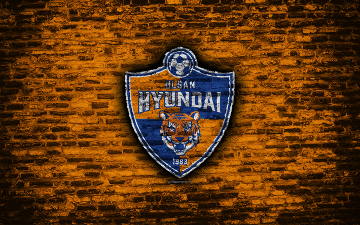 Ulsan Hyundai FC, logo, orange brick wall, K-League Classic, korean football club, soccer, football, brick texture, Ulsan Hyundai logo, South Korea