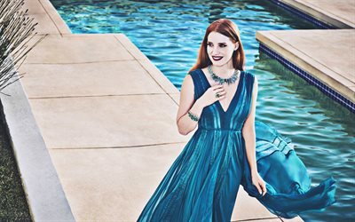 Jessica Chastain, 2018, amerikkalainen julkkis, sininen mekko, elokuvan t&#228;hdet, kauneus, amerikkalainen n&#228;yttelij&#228;, Hollywood, Jessica Chastain photoshoot
