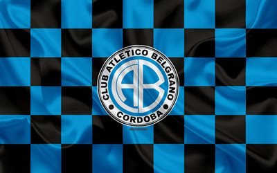 CA Belgrano, 4k, logo, art cr&#233;atif, bleu noir drapeau &#224; damier, l&#39;Argentin du club de football, l&#39;Argentin Superleague, Primera Division, embl&#232;me de la, soie, texture, Cordoba, en Argentine, le football, le Club Atl&#233;tico Belgra
