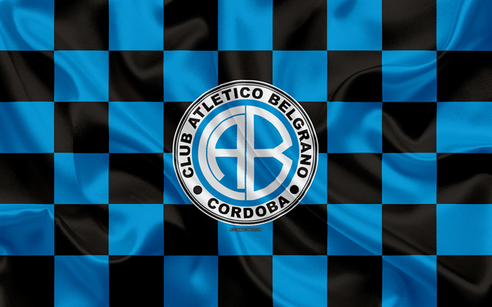CA Belgrano, 4k, logo, creative art, blue black checkered flag, Argentinian football club, Argentine Superleague, Primera Division, emblem, silk texture, Cordoba, Argentina, football, Club Atletico Belgrano