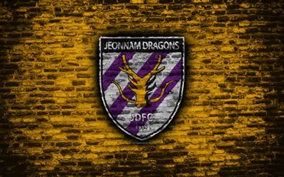 Jeonnam FC, el logotipo, el amarillo de la pared de ladrillo, de la K-League Classic, corea del club de f&#250;tbol, f&#250;tbol, textura de ladrillo, Jeonnam logotipo, Corea del Sur