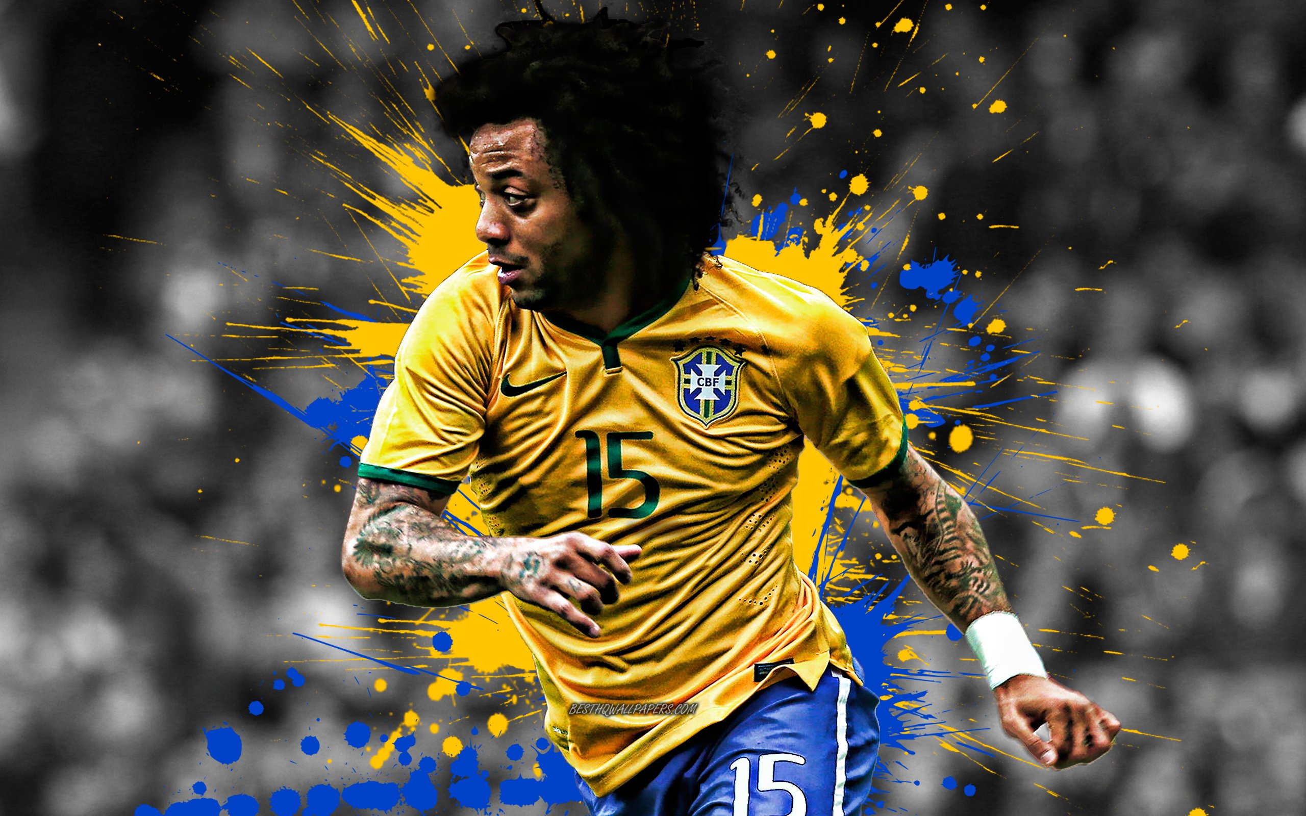 ダウンロード画像 マルセロ ブラジル国サッカーチーム 肖像 車椅子サッカーワールドカップブラジル Df 黄 青の水しぶき よちよち塗装 クリエイティブ アート ブラジル サッカー マルセロ Vieira 画面の解像度 2560x1600 壁紙デスクトップ上