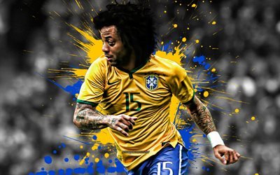 Marcelo, Brazil national football team, portrait, Brazilian football player, defender, yellow-blue splashes of paint, creative art, Brazil, football, Marcelo Vieira