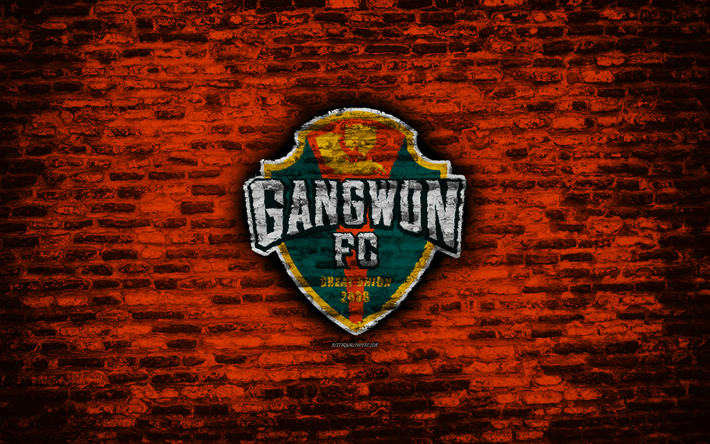 Gangwon FC, logotipo, naranja ladrillo de la pared, de la K-League Classic, corea del club de f&#250;tbol, f&#250;tbol, textura de ladrillo, logotipo de Gangwon, Corea del Sur
