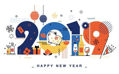 2019 2019 minimal sanat, 4k, Mutlu Yeni Yıl, beyaz arka plan, sanat 2019, 2019 domuz, 2019 kavram, beyaz arka plan &#252;zerinde 2019, 2019 yılı hane