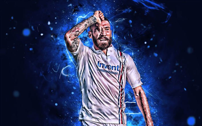 Lorenzo Tonelli, blanco uniforme, Sampdoria, CLUB de f&#250;tbol, Serie a, los futbolistas italianos, Tonelli, luces de ne&#243;n, creativo