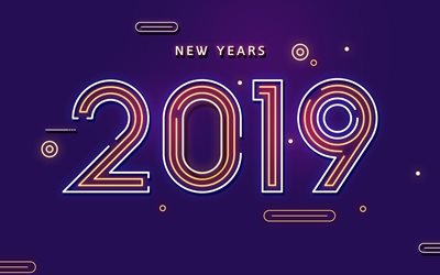 2019 neon d&#237;gitos, 4k, criativo, 2019 conceitos, fundo roxo, 2019 o ano, Feliz Ano Novo 2019