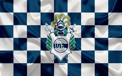 Club de Gimnasia y Esgrima La Plata, 4k, logo, yaratıcı sanat, mavi beyaz damalı bayrak, Arjantinli Futbol Kul&#252;b&#252;, Arjantinli Superleague, Lig, amblem, ipek doku, La Plata, Arjantin, futbol, Gimnasia FC