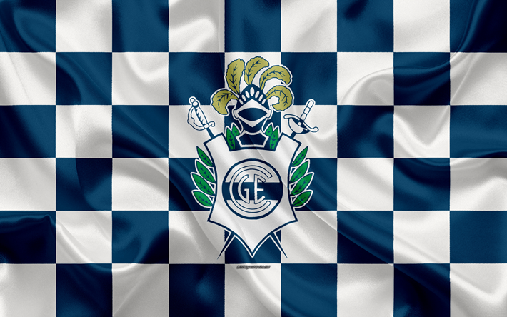 Le Club de Gimnasia y Esgrima La Plata, 4k, logo, art cr&#233;atif, bleu, blanc, drapeau &#224; damier, l&#39;Argentin du club de football, l&#39;Argentin Superleague, Primera Division, de l&#39;embl&#232;me, de la soie de la texture, de La Plata, en Arge