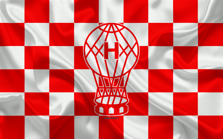 CA Huracan, 4k, logo, creative art, red white checkered flag, Argentinian football club, Argentine Superleague, Primera Division, emblem, silk texture, Buenos Aires, Argentina, football, Club Atletico Huracan