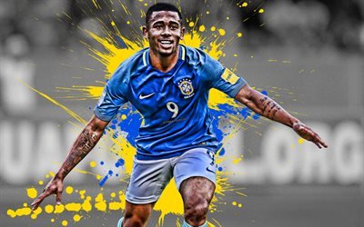 Gabriel Jesus, 4k, Brazilian football player, striker, 9th number, Brazil national football team, football, yellow blue paint splashes, Brazil