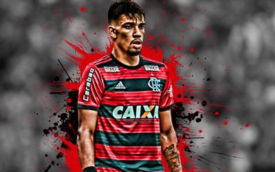 Lucas Paqueta, 4k, Brazilian football player, Flamengo, attacking midfielder, red-black paint splashes, creative art, Serie A, Brazil, football, Paqueta