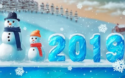 2019 gelo d&#237;gitos, criativo, 2019 conceitos, bonecos de neve, inverno, 2019 o ano, 2019 inverno conceito, Feliz Ano Novo 2019
