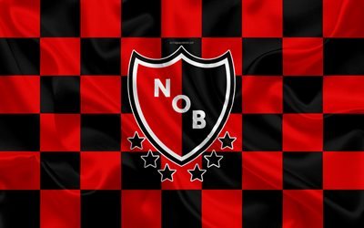 Newells أولد بويز, 4k, شعار, الفنون الإبداعية, الأحمر الأسود متقلب العلم, الأرجنتيني لكرة القدم, الأرجنتيني Superleague, Primera Division, نسيج الحرير, روزاريو, الأرجنتين, كرة القدم