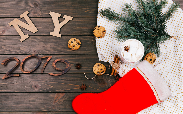 Felice Nuovo Anno 2019, calzino rosso, Natale, di legno, sfondo, sfondo 2019