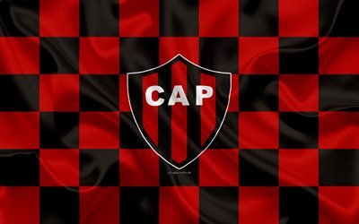 CA Patronato, 4k, logo, creative art, punainen musta ruudullinen lippu, Argentiinalainen jalkapalloseura, Argentiinan Superleague, Primera Division, tunnus, silkki tekstuuri, Paran&#225;, Argentiina, jalkapallo, Club Atletico Patronato