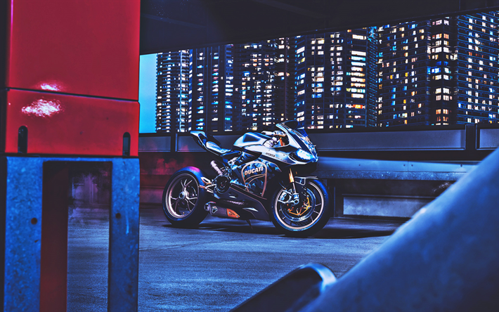 Ducati 1199 Panigale S, la nuit, 2018 v&#233;los, sportsbikes, parking, italien de motos, Ducati, superbikes