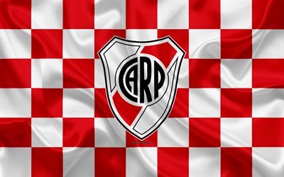 CA River Plate, 4k, logo, creative art, red and white checkered flag, Argentinian football club, Argentine Superleague, Primera Division, emblem, silk texture, Buenos Aires, Argentina, football, River Plate FC