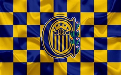 Rosario Central, 4k, logo, creative art, yellow-blue checkered flag, Argentinian football club, Argentine Superleague, Primera Division, emblem, silk texture, Rosario, Argentina, football