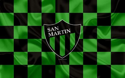 CA San Martin de San Juan, 4k, logo, creative art, green black checkered flag, Argentinian football club, Argentine Superleague, Primera Division, emblem, silk texture, San Juan, Argentina, football, San Martin FC