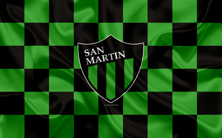 CA San Martin de San Juan, 4k, logo, creative art, green black checkered flag, Argentinian football club, Argentine Superleague, Primera Division, emblem, silk texture, San Juan, Argentina, football, San Martin FC