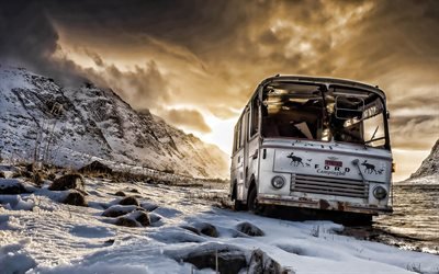 abandoned bus, winter, sunset, mountains, broken bus, passenger transport, buses