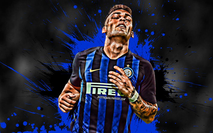 Lautaro Martinez, blue and black blots, Argentine footballers, Internazionale, Serie A, Lautaro Javier Mart&#237;nez, Inter Milan, soccer, football, grunge, Inter Milan FC