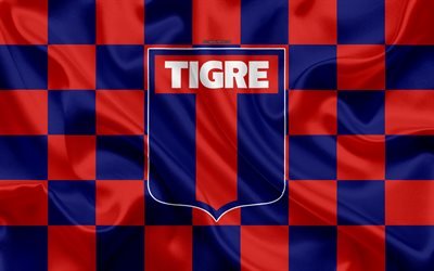 CA Tigre, 4k, logo, creative art, sininen punainen ruudullinen lippu, Argentiinalainen jalkapalloseura, Argentiinan Superleague, Primera Division, tunnus, silkki tekstuuri, Victoria, Argentiina, jalkapallo, Club Atletico Tigre