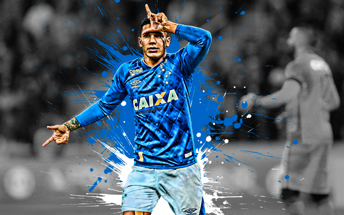 Lucas Romero, 4k, Argentinian football player, Cruzeiro FC, midfielder, blue white paint splashes, creative art, Serie A, Brazil, football