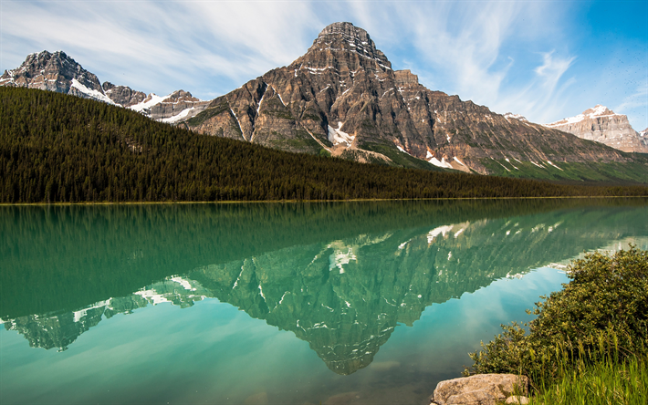 mountain lake, mountain landscape, forest, glacier lake, mountains, Alberta, Canada