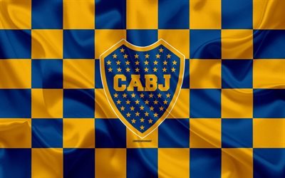 Boca Juniors, 4k, logo, art cr&#233;atif, bleu, jaune drapeau &#224; damier, l&#39;Argentin du club de football, l&#39;Argentin Superleague, Primera Division, embl&#232;me de la, soie, texture, Buenos Aires, Argentine, le football, le Club Atletico Boca J