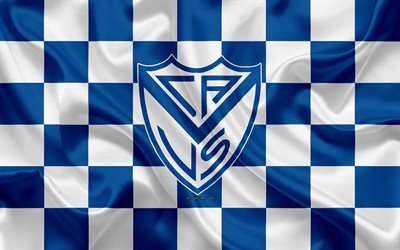 Velez Sarsfield, 4k, logo, creative art, sininen valkoinen ruudullinen lippu, Argentiinalainen jalkapalloseura, Argentiinan Superleague, Primera Division, tunnus, silkki tekstuuri, Buenos Aires, Argentiina, jalkapallo, Club Atletico Velez Sarsfield