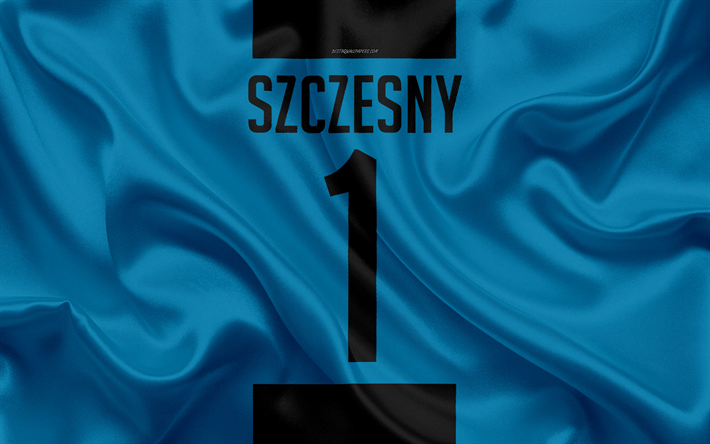 Wojciech Szczesny, A Juventus FC, T-shirt, 1&#186; n&#250;mero, Serie A, de seda azul textura, Szczesny, A Juve, Turim, It&#225;lia, futebol