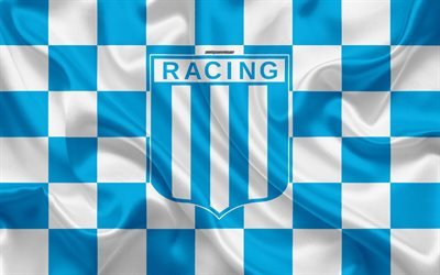 Racing Club, 4k, logo, creativo, arte, blu, bianco, bandiera a scacchi, Argentino del club di calcio, Argentina Superleague, Primera Division, emblema, seta, texture, Avellaneda, Argentina, calcio