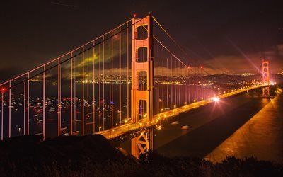 Golden Gate Bridge, evening, night, cityscape, city lights, San Francisco, USA, metropolis