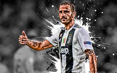 Leonardo Bonucci, 4k, Italian football player, Juventus FC, defender, black and white paint splashes, creative art, Serie A, Italy, football, Bonucci
