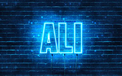 Ali, 4k, taustakuvia nimet, vaakasuuntainen teksti, Ali nimi, blue neon valot, kuvan nimi Ali
