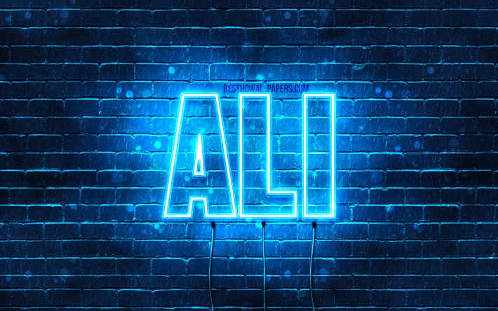 Ali, 4k, pap&#233;is de parede com os nomes de, texto horizontal, Ali o nome, luzes de neon azuis, imagem com nome Ali