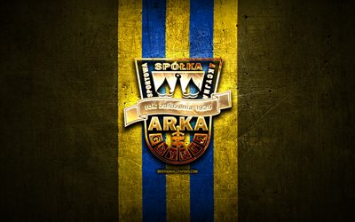 Arka Gdynia FC, kultainen logo, Ekstraklasa, keltainen metalli tausta, jalkapallo, ARKA Gdynia 1929, puolan football club, Arka Gdynia logo, Puola