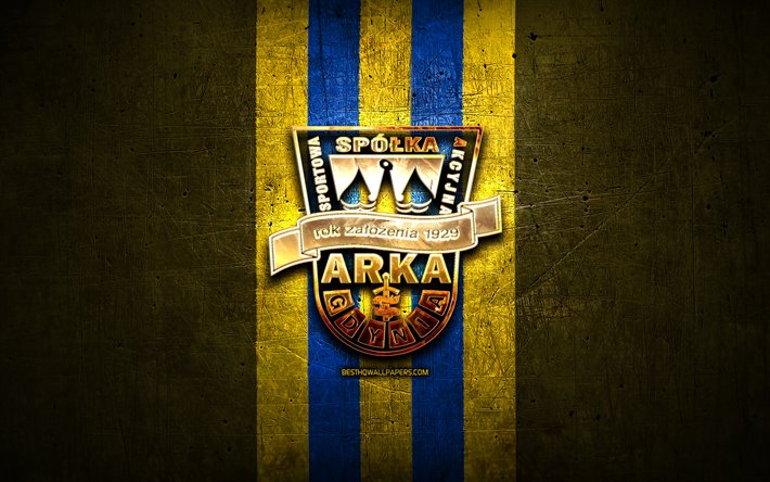 Arco Gdynia FC, oro logo, premier league, yellow metal background, calcio, Arco Gdynia 1929, italian football club, l&#39;Arco di Gdynia logo, soccer, Italy