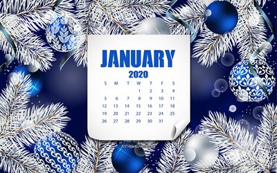 2020 gennaio del calendario, Blu, sfondo Natale, 2020 calendari, il mese di gennaio 2020 il calendario, 2020 concetti, palle di Natale blu