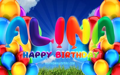 Alinaお誕生日おめで, 4k, 曇天の背景, ドイツの人気女性の名前, 誕生パーティー, カラフルなballons, Alina名, お誕生日おめでAlina, 誕生日プ, Alina誕生日, Alina