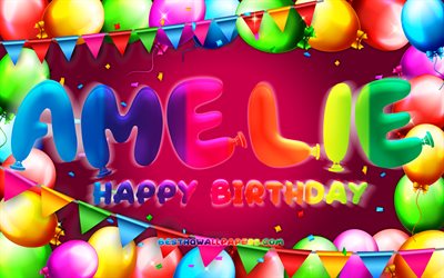Happy Birthday Amelie, 4k, colorful balloon frame, Amelie name, purple background, Amelie Happy Birthday, Amelie Birthday, popular german female names, Birthday concept, Amelie