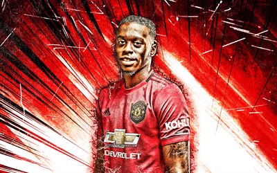 Aaron Wan-Bissaka, grunge art, Manchester United FC, english footballers, Premier League, Wan-Bissaka, red abstract rays, soccer, football, Man United