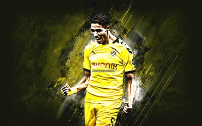 Achraf Hakimi, el Borussia de Dortmund, Marroqu&#237;, jugador de f&#250;tbol, piedra amarilla de fondo, de la Bundesliga, Alemania, f&#250;tbol