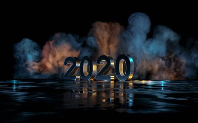 Black 2020 background, Happy New Year 2020, creative art, 2020 3d background, smoke, water, 2020 concepts